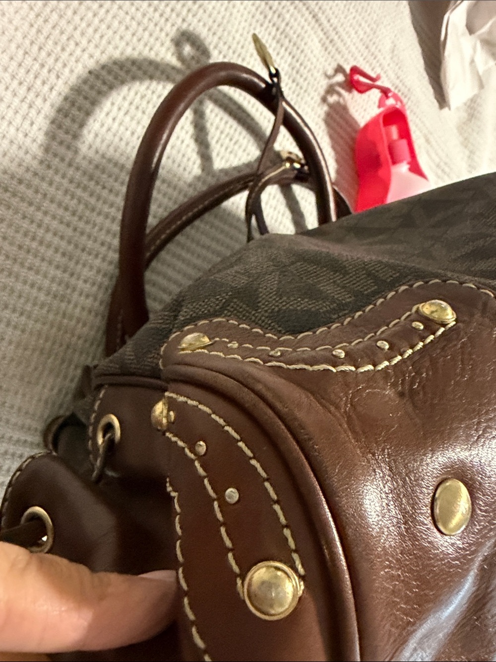 Michael Kors Brown MK Logo Drawstring Tote with Leather Trim - Picture 5 of 12